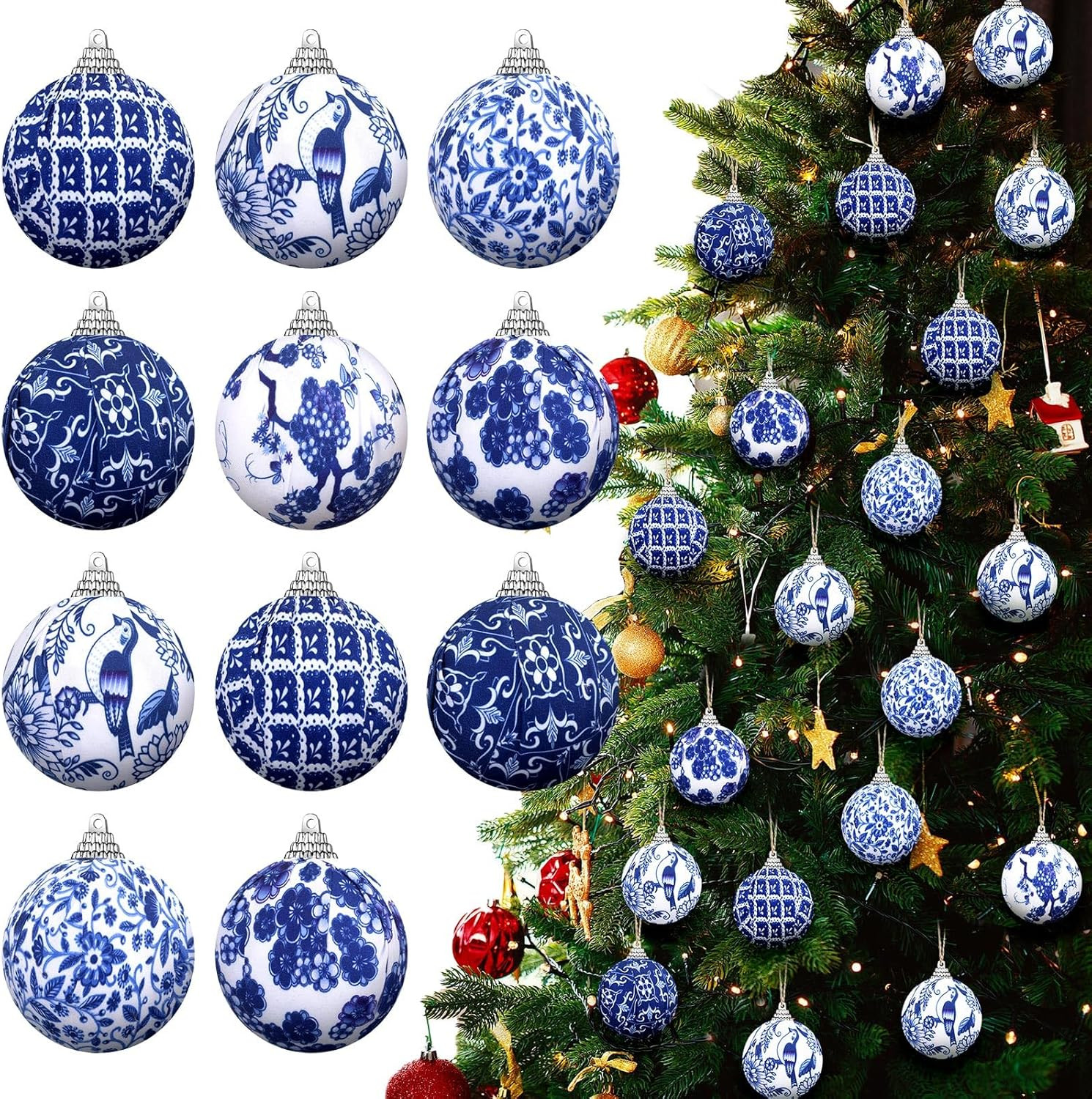 12 Pcs Blue and White Chinoiserie Ball Ornaments for Christmas Tree Decor