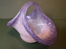 Beautiful SIGNED Vasart Purple Lavender White Mottled Glass Basket Posy Vase