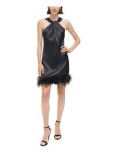 ELIZA J Womens Black Twisted Neck Feather Trim Sleeveless Short Shift Dress 10