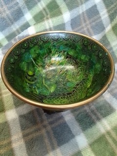 Vintage Chinese Cloisonne Enamel Bowl Featuring Green Floral And Dragon