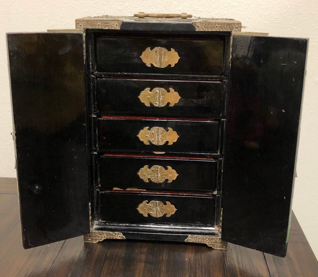 Vintage Asian/Vietnam Wood w/Black Laquer/Brass/Painted Fish/Jewelry Cabinet/Box