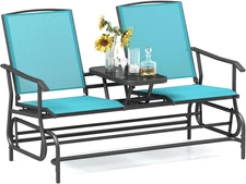 2 Person Swing Glider Chair, Patio Rocking Loveseat W/Center Tempered Glass Tabl