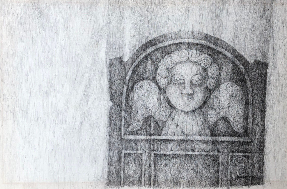 絵画 To Mr.Kris Eblen Circa 1700, Angel on Tombstone Ink Drawing-1965-William