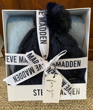 Steve Madden Beanie Pom Hat & Scarf Gift Set Navy Light Blue Plaid Women's OS