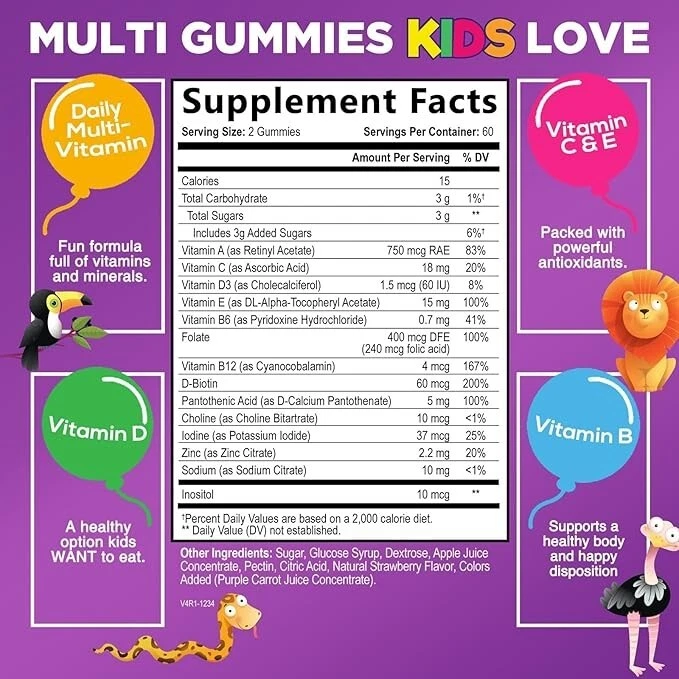 Gomitas multivitamínicas para niños - Vitaminas diarias para niños, vitamina C, D3, zinc inmune Foto 2 de 4