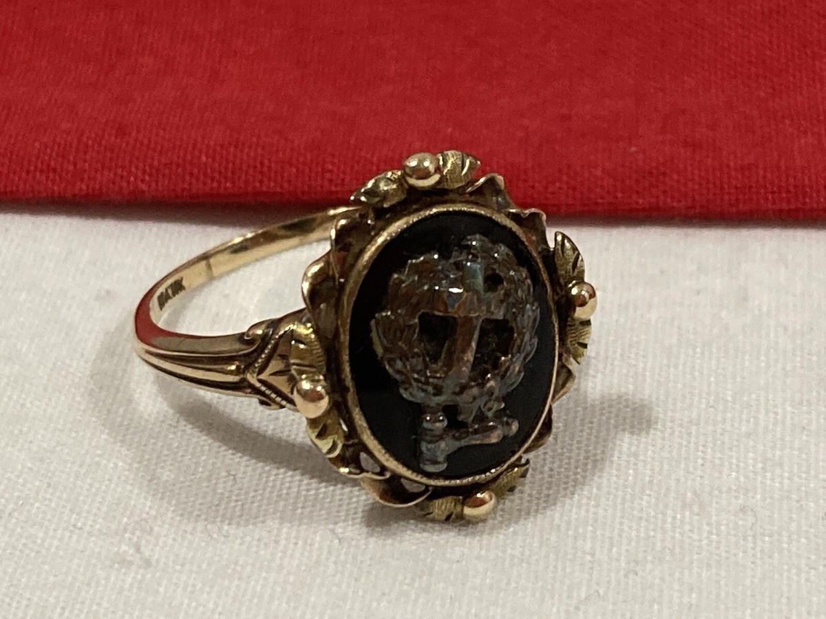 Vintage BDA 10k Solid Yellow Gold Masonic Cross Gavel Band Ring