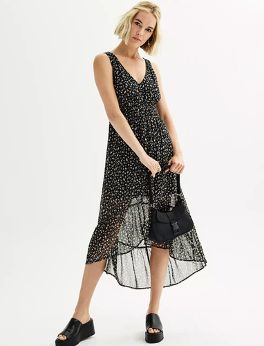 Rewind Button-Down High-Low Dress Black Floral Print Junior's Size Small - 第 1/12 張圖片