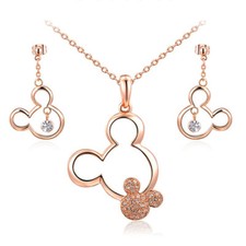 Mickey Pendant Necklace Drop Earrings Austrian Crystal set Gold plated