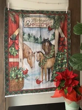 Quilt Panel Fabric Horse Pony Country Christmas Farm house Barn Equestrian