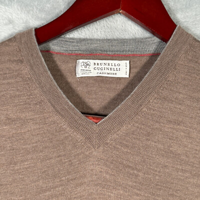 Brunello Cucinelli Sweater Mens 50 Brown Cashmere Wool Blend V Neck Pullover