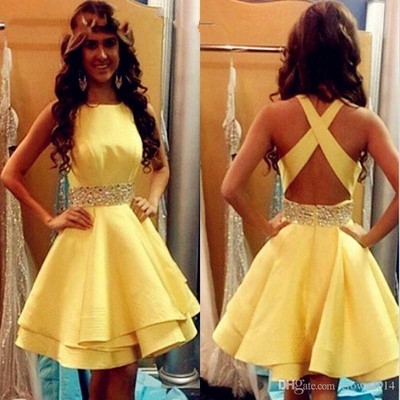 Sexy Yellow Short Prom Dresses 2020 Girls Satin Beaded Homecoming