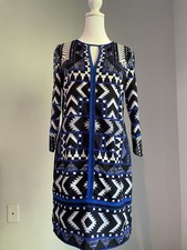 Vince Camuto Womens Long Sleeve Dress Lined Blue White Pattern V Neck Sheath