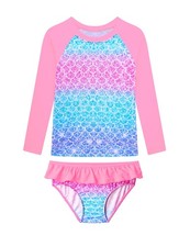 Girls Long Sleeve Swimsuit Size 5-6 Years Old Rose Blue Tankini Set Water Sur...