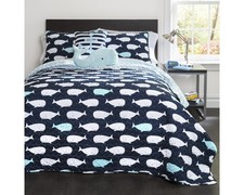 Whale Reversible 4 Piece Quilt Bedding Set with Sham and Decorative Throw Pil...