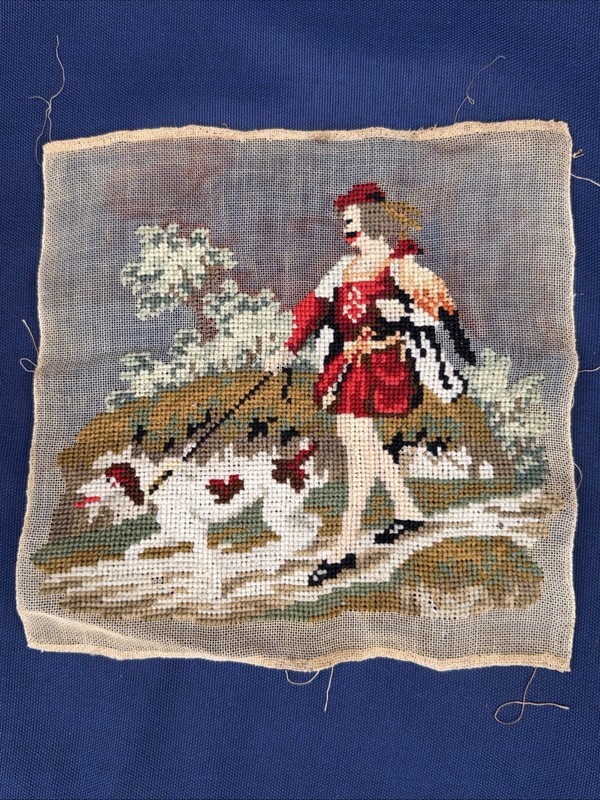 Vintage Royal Needlepoint Unfinished Man Walking Dog Folk Art Costume Panel