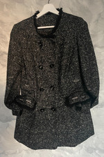Zara Fringed Coat Black white chain pockets Double Breasted tweet 18" 8 10 S M