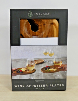 Toscana Appetizer Plates w/ Wine Glass Holder Acacia Wood Set of 4 - Open Box