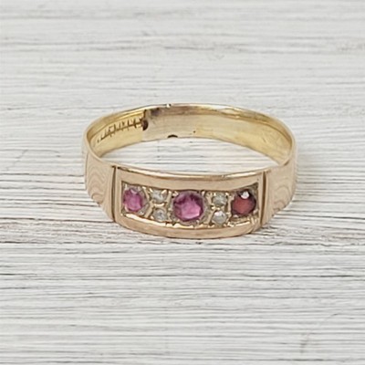 Victorian Ruby Diamond 14K Yellow Gold Band Ring 7 Simple Antique Luxury Flush