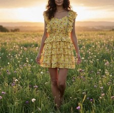 LoveShackFancy Phyllis Mini in Sunbath Yellow Floral Tiered Cotton Dress L Boho