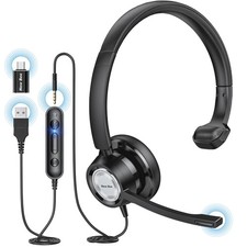 USB Headset with Microphone for PC Computer Headset, Single Ear Noise Cancell...