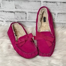 Talbots designer Fuchsia Bow Slippers cream colored fuzzy on inside size 7.5