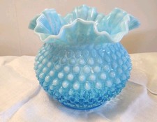 Vintage Fenton Blue Opalescent Hobnail Rose Bud Vase Ruffled Edge 5"