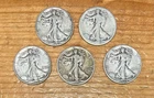 5 Walking Liberty Half Dollars 90% Silver $2.50 Face Value