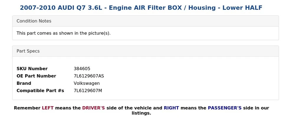 AUDI Q7 2007-2010 3,6 L - Caja de filtro de aire del motor / carcasa - mitad inferior Foto 4 de 4