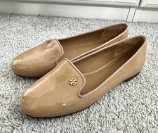 Tory Burch Women's 6.5M Samantha Smoking Patent Leather Slippers Loafers Beige
