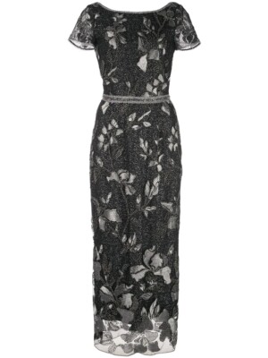 $895 New Marchesa Notte Embellished Shift MIDI Dress Black Beaded - Main Image