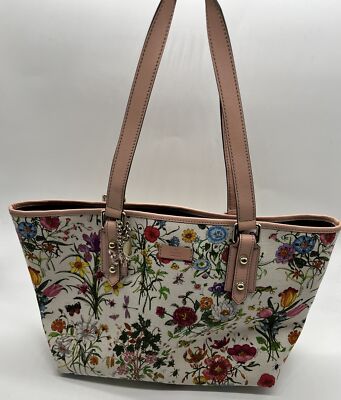 Gucci Botanical Floral Canvas Tote Bag w/ Blush Pink Leather Trim