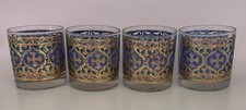 Georges Briard Firenze Old Fashioned Rocks Tumbler Blue W/Gold Filigree Set of 4