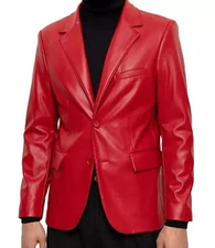 Men's Two Button Leather Red Blazer Real Soft Lambskin Leather Coat Blazer