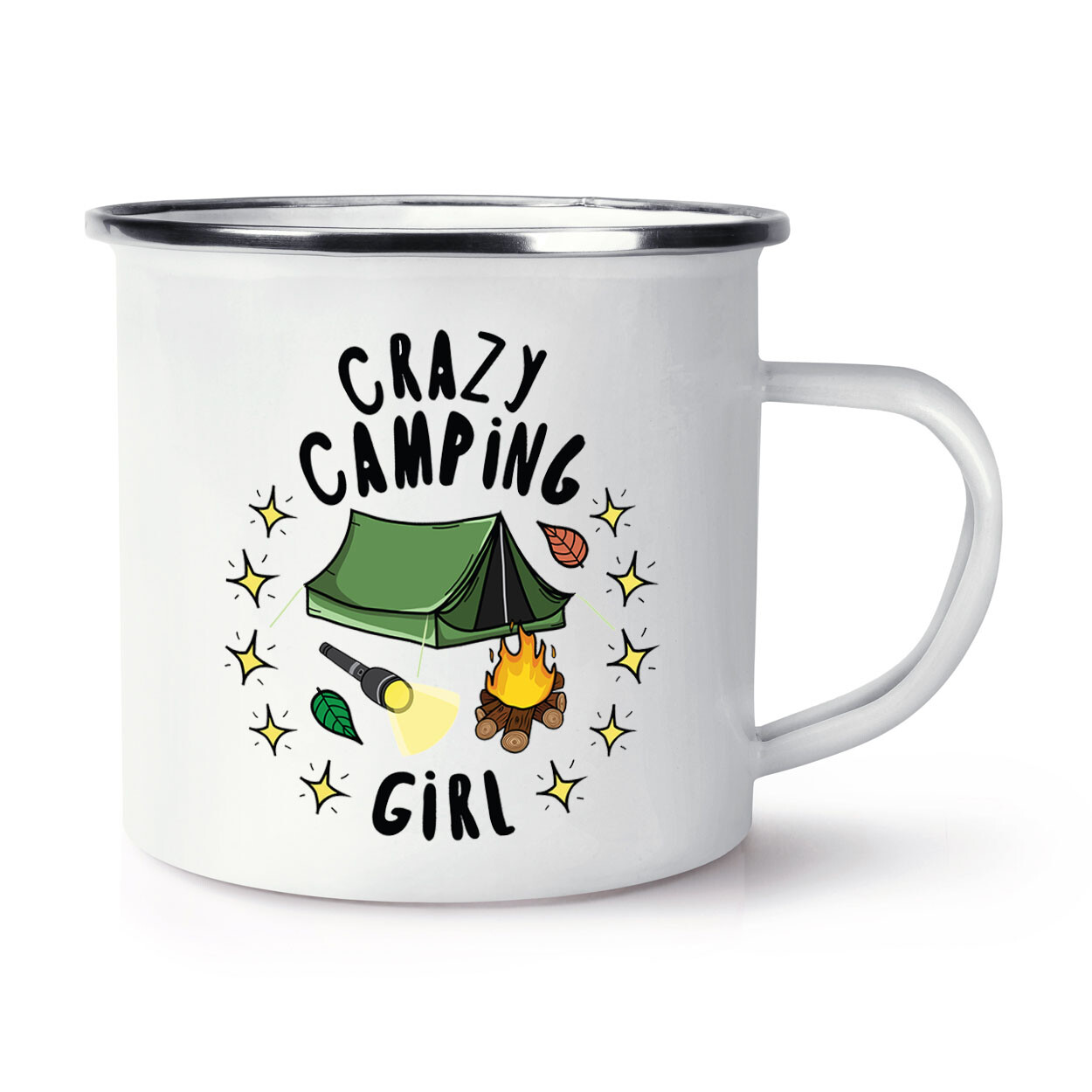 Crazy Camping Girl Stars Enamel Mug Cup Festival Tent Happy Camper Kids