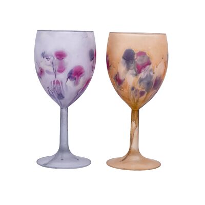 Set of 2 Vintage Milk Glass Wine Glasses Hand Painted Made in France | 18cm Height