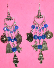 Alice in Wonderland Chandelier Earrings Blue Beads Tibetan Silver Charms