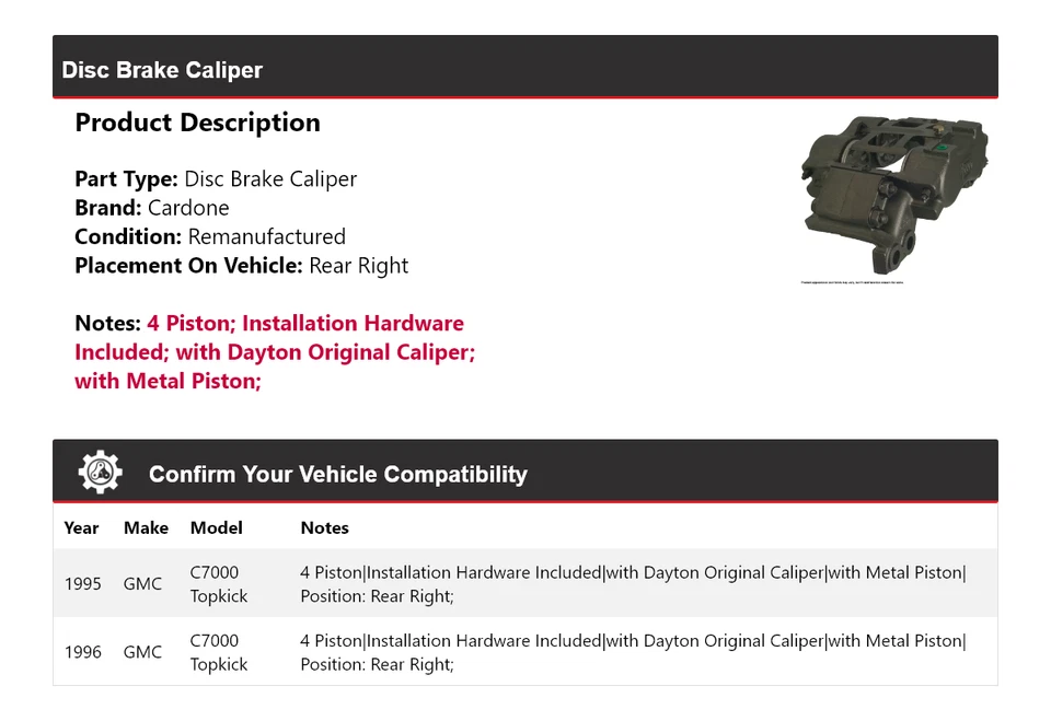 Pinza de freno de disco trasera derecha Cardone para GMC C7000 1995-1996 Topkick Foto 2 de 4