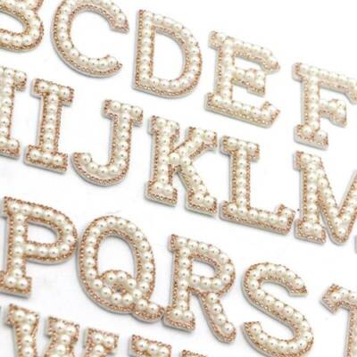 White Pearl Gold Rhinestone Letter Patches Iron On or Sew On Sparkle Patch