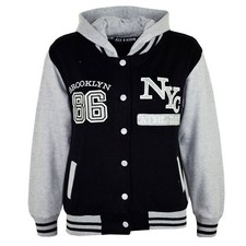 Kids Girls Baseball NYC ATHLETIC Black Hooded Jacket Varsity Hoodie Age 5-13 Yrs