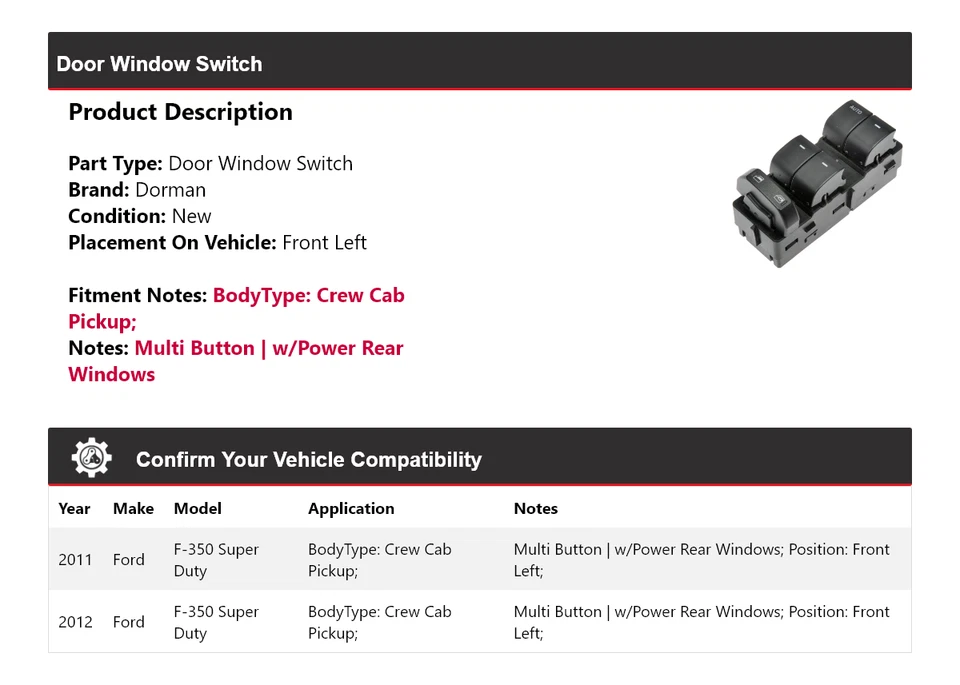 Interruptor de ventana de puerta dormida doble cabina para Ford F-350 Super Duty 2011-2012 Foto 2 de 4