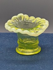 Fenton Topaz Vaseline Opalescent #37 Mini Glass Vase Ruffled Crimped Glows