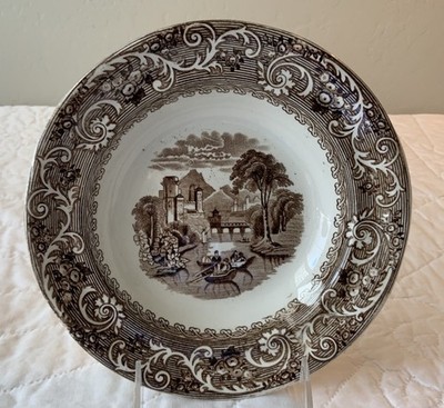 Antique Brown Transfer Ware Soup Bowl, Rhine, Foley Potteries, UK, Castle, Trees