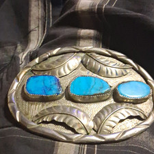 Western Oval Silver Tone Engraved Clip Belt Buckle with Blue Stone Inlay