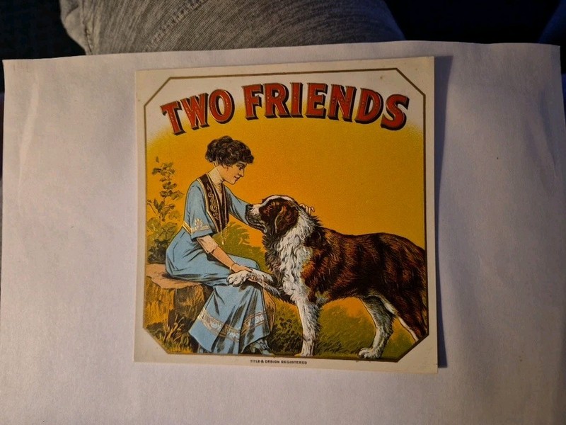Antique Cigar Box Label, Unused. "Two FRIENDS" embossed. Clean.