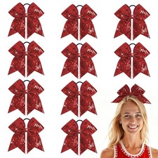 10PCS 7  Red Glitter Cheer Hair Bows for Girls Large Sequin Cheer Bows Shiny Chee