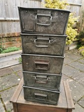 5x INDUSTRIAL TOTE TRAY BINS. STACKABLE GALVANISED METAL STORAGE/PLANTERS