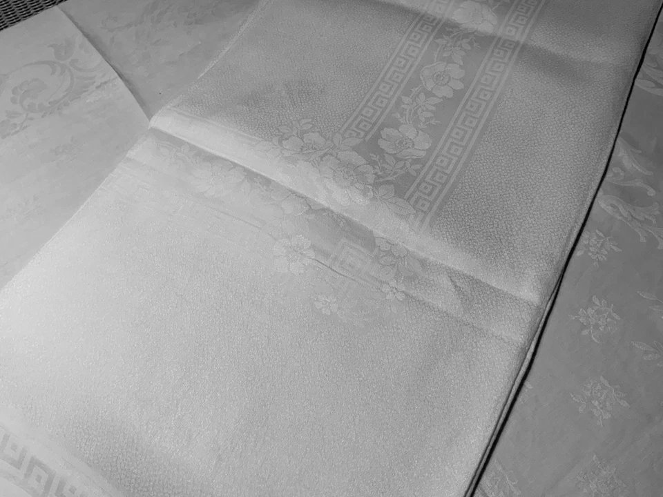 linge ancien Nappe  DE MARIAGE Damassé Soie Double Monogrammes M M - Photo 3/4