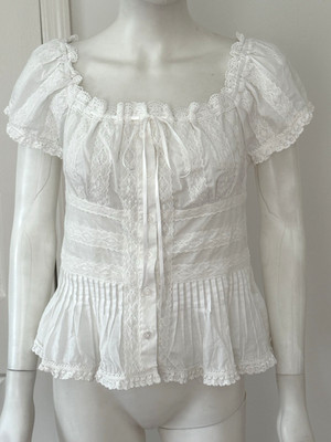 NWT Caroline Constas Boho Cotton & Lace White Top Cap Sleeve Victorian Blouse S