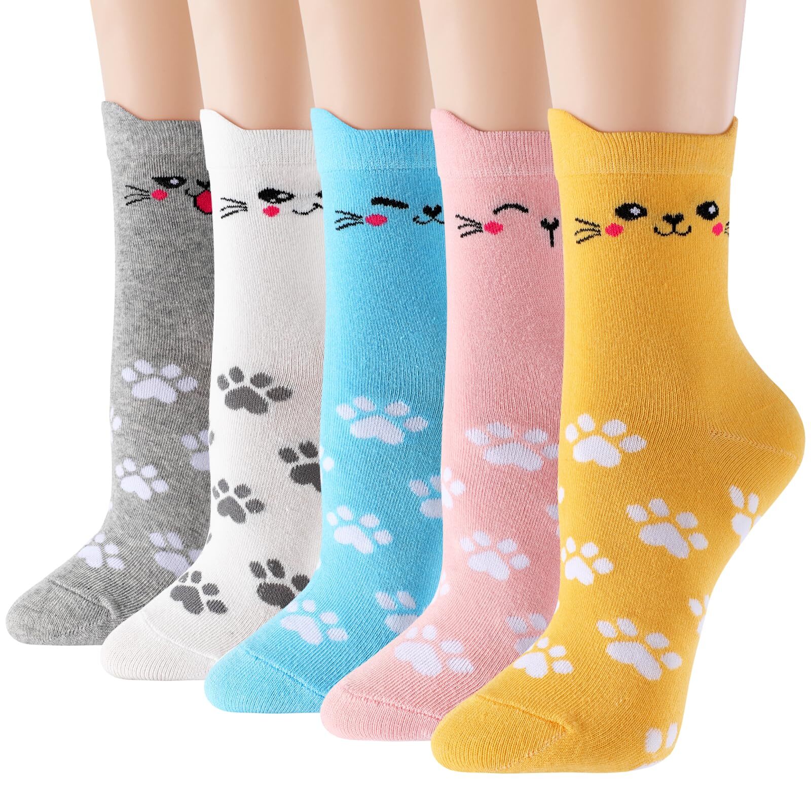5 Pairs Women’s Cat Socks: Colorful, Cute, Cozy Animal Crew Socks