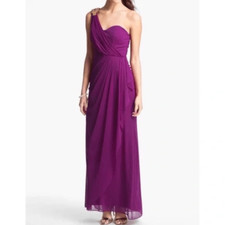 Xscape Women's One Shoulder Long Prom Magenta Dress with Gold Brooch Size 8